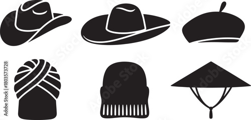 Collection of different types of hats and headdresses simple monochrome vector