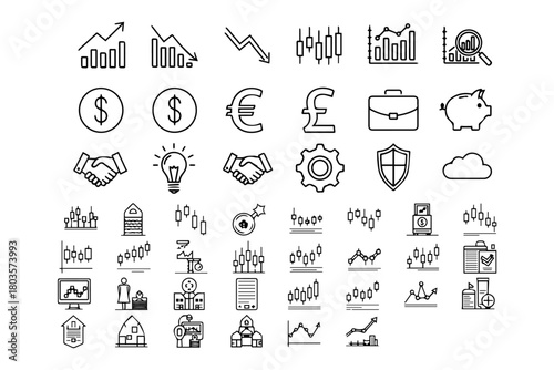 silhouettes pack 15 black Minimalist stock market line icons set. thin linear with pure white background