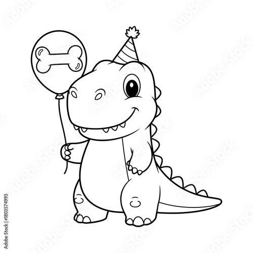 Cute cartoon dinosaur wearing a party hat holding a balloon with a bone