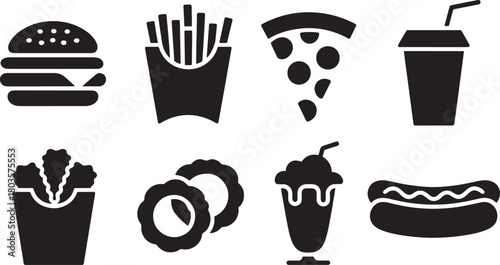 Fast Food Items In Silhouette Style Showing Burger And Fries And Pizza Slice