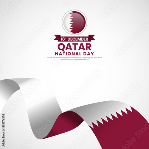 Qatar national day greeting card, square banner background with warving ribbon flag