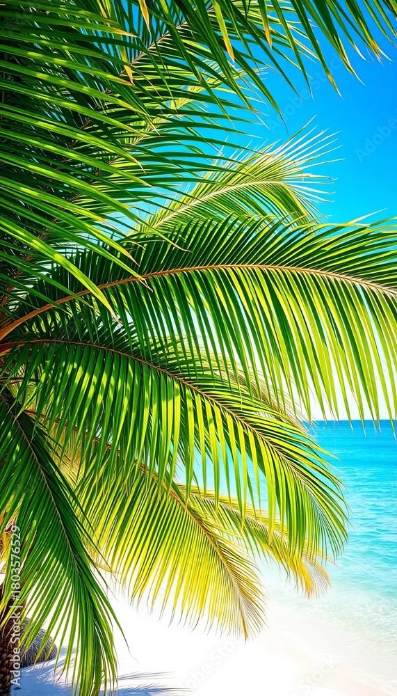 Fototapeta premium Vibrant green palm fronds create a natural canopy overlooking a stunning sandy shore, summer, Crete