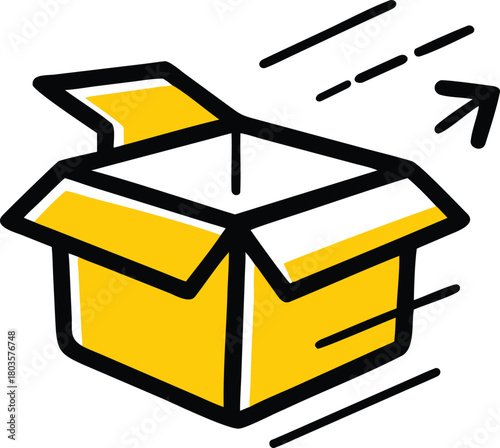 An open, yellow cardboard box with motion lines and an arrow indicating movement, symbolizing shipping and delivery services.