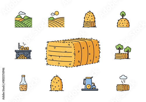 Collection of ten farmrelated icons featuring hay bales fields and processing equipment