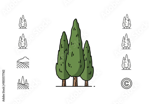 Illustration of three tall green cypress trees flanked by outline icons