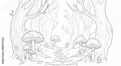Outline drawing of a forest path lined with large spotted mushrooms and bare trees