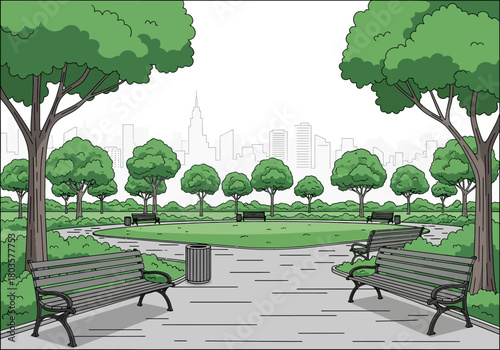 Park setting with walking paths benches trees and city skyline silhouettes