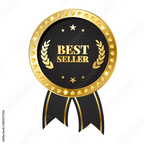 Elegant black gold award ribbon with Best Seller text. Luxury glossy badge for certificate, promotion, shop label, VIP achievement. Vector illustration isolated on white background