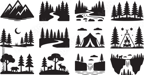 Set of camping mountain nature outdoor silhouette vector icons with campfire and deer