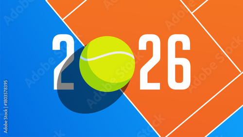 Happy new year 2026 celebration greeting card and social media post or banner design template in tennis or sport concept. Tennis ball on court. Sport background.
