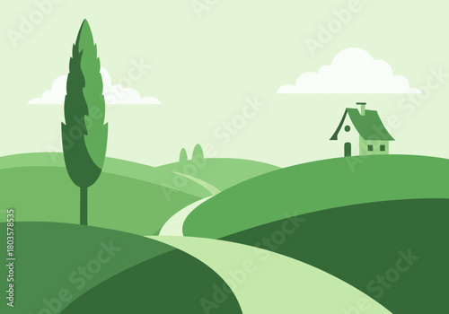 Stylized illustration of rolling green hills a winding path and a solitary house