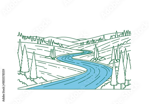 Stylized line art illustration of a winding river through rolling treecovered hills