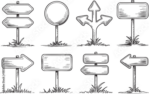 Hand-drawn road sign set with arrows and blank signboards – vintage sketch illustration of direction indicators for design projects