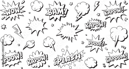 Comic sound effect bubbles set – hand-drawn WOW, BAM, KAPOW, SPLASH action explosions and cartoon pop art text elements vector
