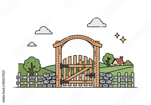 Wooden garden gate with arched trellis fence hills and cottage