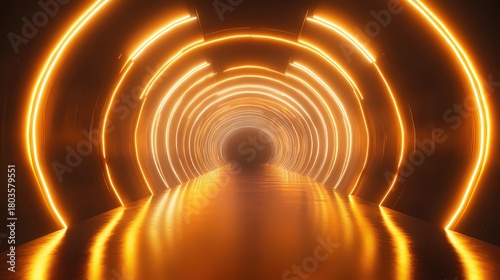 Fototapeta Naklejka Na Ścianę i Meble -  Futuristic neon tunnel glowing with orange light