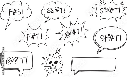 Comic speech bubbles with censored words, doodle swear symbols, angry expressions and cartoon expletive elements in line art style
