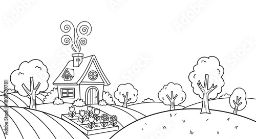 Black and white line drawing of a country house garden trees and rolling fields