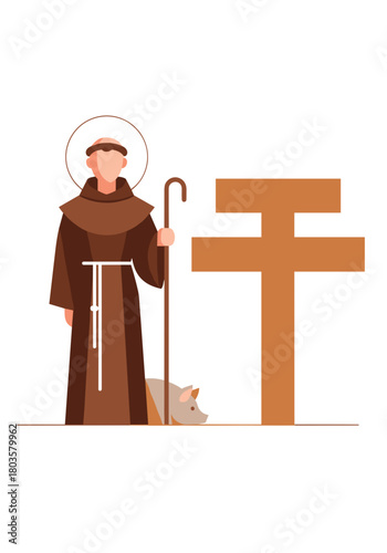 Saint Anthony holding a staff near a cross with a pig at his feet  