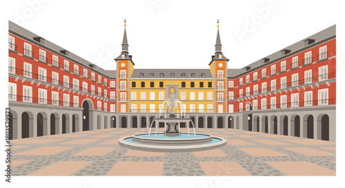 Plaza Mayor of Madrid with fountain and colorful buildings in daylight  