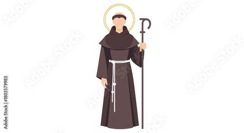 Animated monk holding a staff and standing with a halo  
