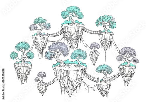 A collection of bonsai trees on interconnected floating islands connected by bridges
