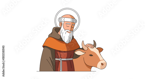 Saint Anthony blessing cow in traditional robe with halo  