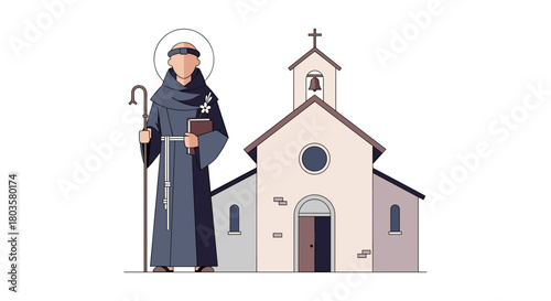 Saint Anthony standing in front of rural church with cross 