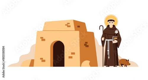 Saint Anthony standing beside a desert hermitage with dog  
