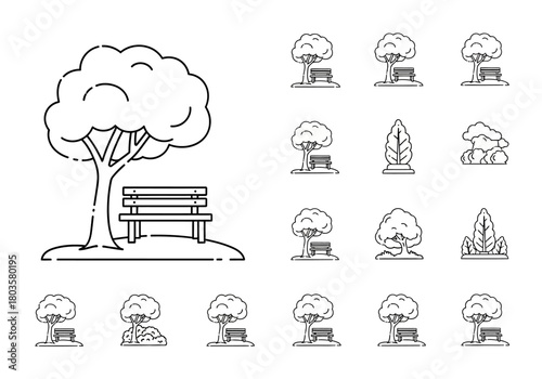 Collection of black and white line icons depicting trees and park benches