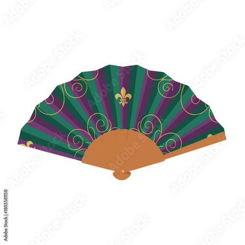 **Mardi Gras handheld fan, flat style, in green purple gold tones**