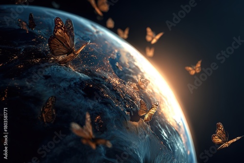 Butterfly Migration on Earth Globe at Night