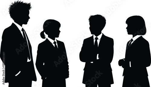 Business attire silhouettes of young professionals standing in group discussion representing teamwork, leadership, communication and corporate collaboration concept