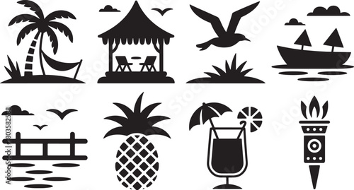 Tropical beach resort silhouette set vector illustration on transparent background