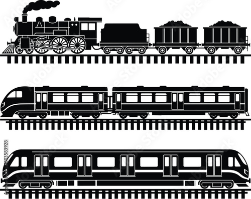 Vintage steam freight train, modern passenger train, and high-speed commuter train displayed in detailed black silhouette vector illustration, showcasing railway transport evolution and design