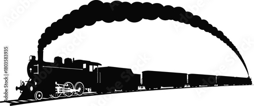 Vintage steam locomotive pulling long freight train on curved railway track, emitting dramatic smoke trail, classic retro transport vector illustration for historical industrial themes