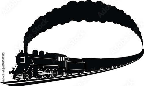 Vintage steam locomotive pulling long train on curved railway track, creating dramatic rising smoke trail, classic retro transport vector illustration for historical industrial themes