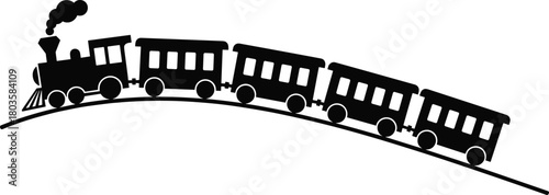 Vintage steam locomotive with multiple passenger carriages traveling uphill on curved railway track, black silhouette vector illustration for transportation design, retro train artwork