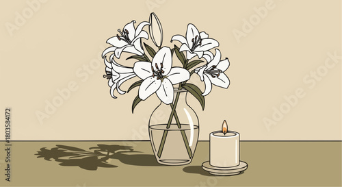 Bouquet of white lilies in vase with candle on table  
