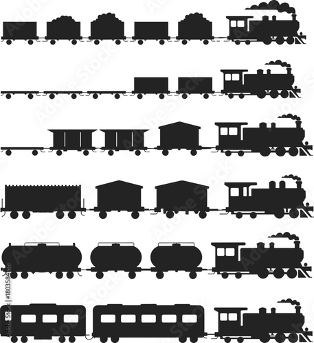 Vintage steam train silhouette collection, featuring multiple railway cargo cars, passenger coaches, tank wagons and locomotive designs for transportation, 