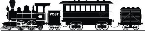Vintage steam locomotive with postal wagon, passenger coach, and cargo cart in detailed black silhouette style, classic railway transport vector illustration for design projects