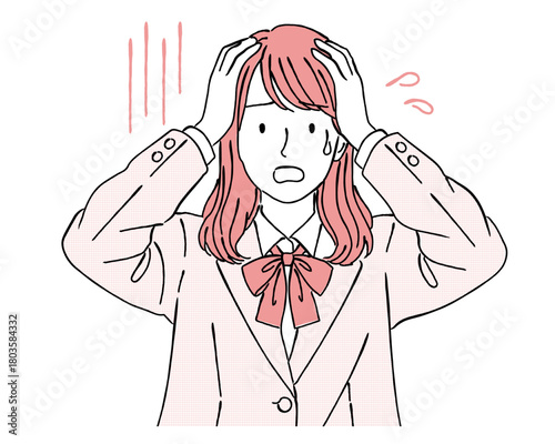 頭を抱えて焦る女子学生（制服）,パニック,ストレス,受験,失敗,問題,シンプル,ベクター