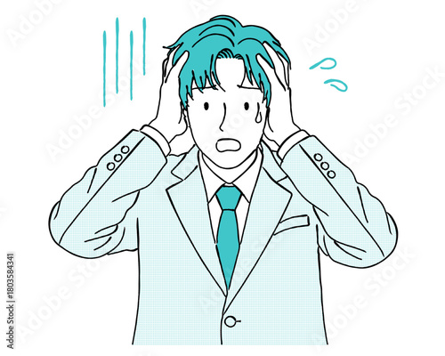 頭を抱えて焦る男子学生（制服）,パニック,ストレス,受験,失敗,問題,シンプル,ベクター