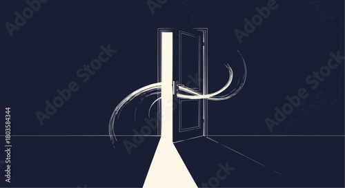 Open door casting light into dark space with swirling energy  