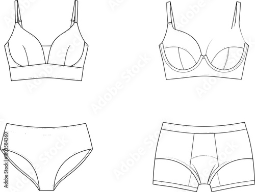 WebWomen lingerie underwear set fashion flat, detailed technical sketch showing bra and panties design, garment template for apparel production illustration