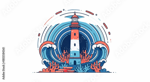 Colorful lighthouse surrounded by waves and coral in retro style  