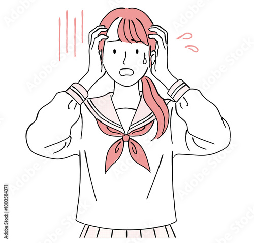 頭を抱えて焦る女子学生（セーラー服）,パニック,ストレス,受験,失敗,問題,シンプル,ベクター
