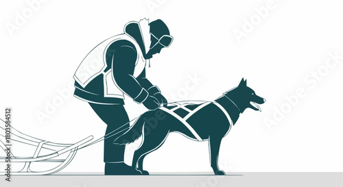 Dog sledder preparing harness for sled dog on snowy terrain  