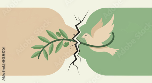 Peace dove carrying olive branch amidst a cracked background  