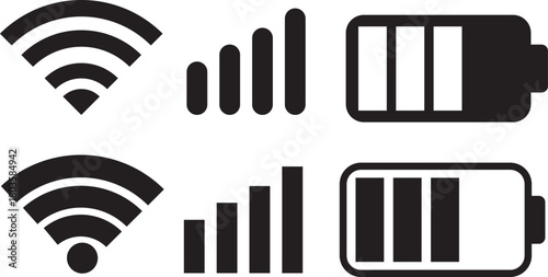wifi, Signal strength and battery icon. Battery, WiFi, and mobile network icon vector. connectivity improvements and power status rising symbol. Collection of icons representing battery level, signal 